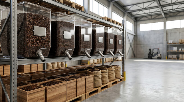 Coffee beans are stored in containers on shelves in a warehouse.
