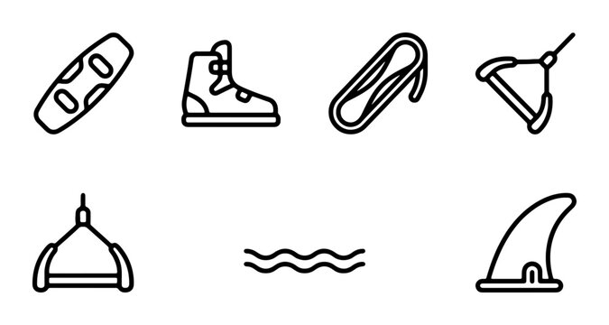 Kitesurfing Gear Icons Set, Water Sports Equipment Vector Graphics, Kiteboarding Accessories Collection