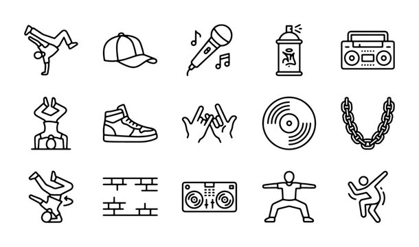 Hip Hop Culture Icons, Breakdancing, Graffiti, Music Symbols, Urban Lifestyle Vector Set