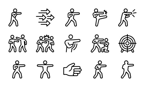 Martial Arts Icons Set, Karate Combat Action Figures, Fighting Sports Vector Graphics