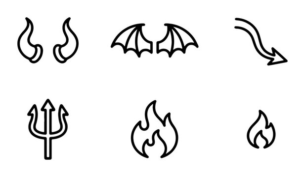 Devil Horns, Wings, Trident, Fire Icons: Spooky Halloween Vector Elements Set