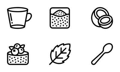 Food Icons Set: Coffee Cup, Sugar, Coconut, Cake, Mint Leaf, Spoon, Vector Graphics © Rukaiya