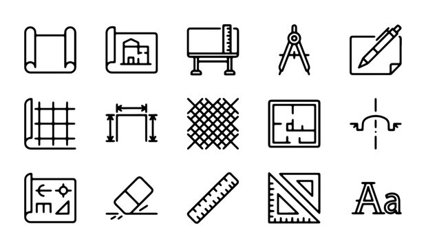 Architectural Design Icons: Blueprint, Drafting Tools, Measurement Symbols, Vector Set