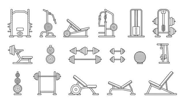 gym equipment line illustrations exercise machines weights barbell dumbbell bench rack cable machine fitness training health wellness strength workout illustration vector