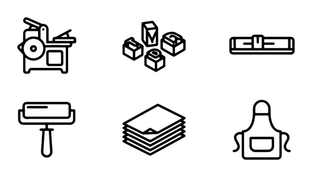 Printing Press Icons, Ink Rollers, Paper Stacks, Apron, Level Tool, Craft Supplies Vector Set