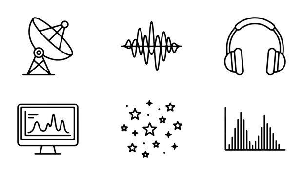 Audio Waveform Icons, Sound Spectrum Graphics, Satellite Dish, Headphones, Computer Monitor, Stars