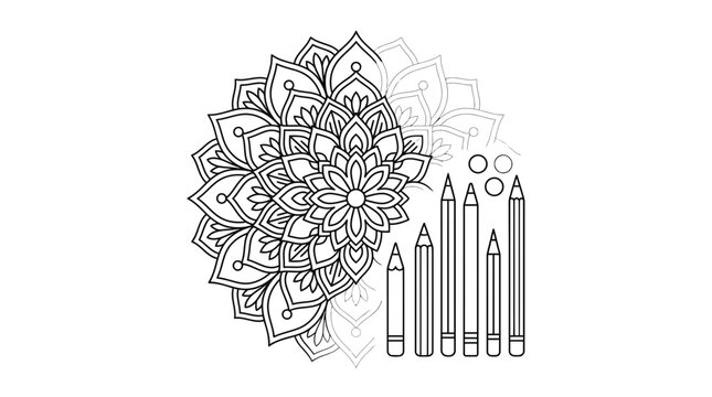 Mandala Coloring Page with Pencils, Art Therapy, Zen Drawing