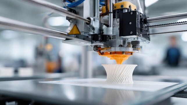 High tech additive extruder depositing filament in layered spiral, closeup of nozzle and printhead on heated platform, precision prototype emerging under controlled temperature, blurred factory