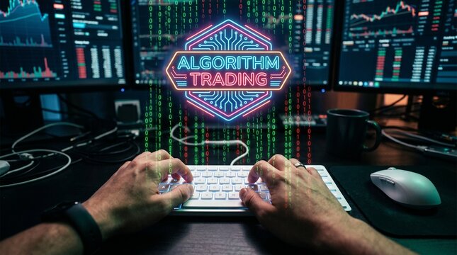 Algorithmic trading concept hands typing on laptop with stock market data display