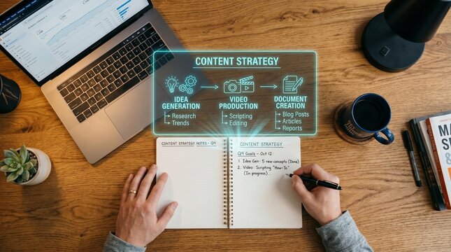 Content strategy planning laptop notebook coffee marketing workflow concept