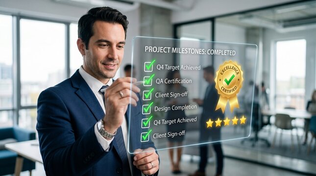 Business professional reviewing completed project milestones on a transparent digital display
