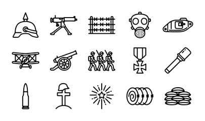 World War I Military Icons, Vintage Soldier Equipment, Retro Warfare Symbols, Historical Combat Vector Set © NusratJahan