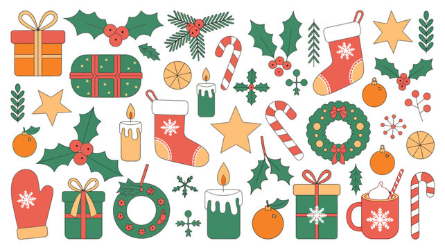 christmas holiday icons flat illustration design present gift stocking candy cane holly wreath mistletoe ornament star candle mitten orange pattern seasonal