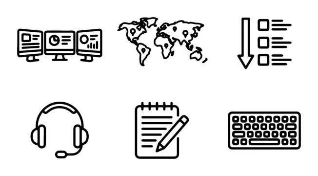Business Icons Set: Global Analytics, Support, Data Entry, Task Management, Keyboard
