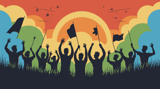 group celebration silhouettes vector people flags sky sunset clouds stars event party festive community together joyful outdoor illustration graphic design background