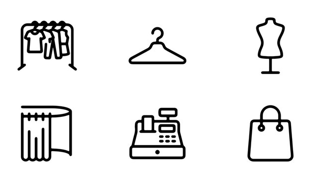 Retail Icons Set: Clothing Rack, Hanger, Mannequin, Fitting Room, Cash Register, Shopping Bag