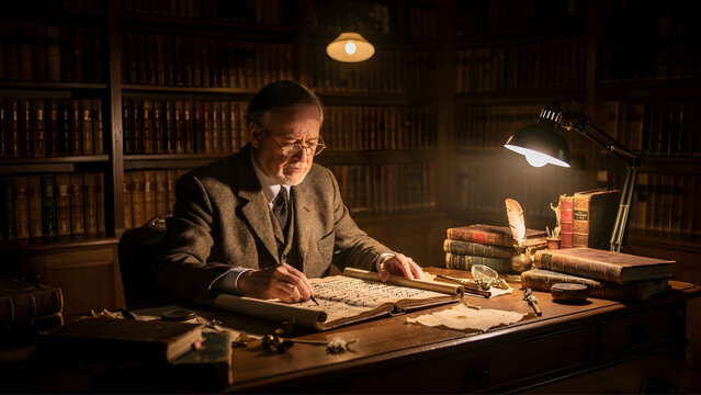 Woman studying historical maps and documents in dimly lit vintage library at night