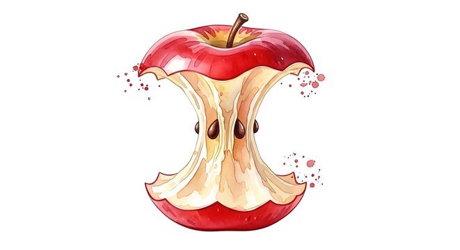 Bitten Red Apple Core with Seeds on White Background