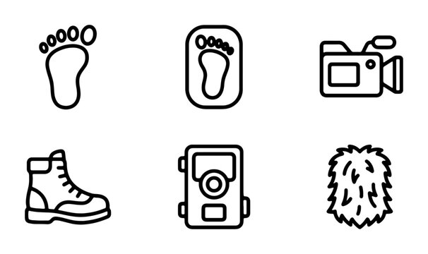 Cryptid Hunter Icons: Bigfoot Footprint, Camera Trap, Boot, Fur, Vector Set