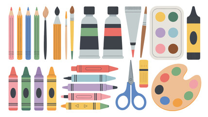 art supplies flat vector pencils crayons paintbrushes palette scissors markers paint tubes illustration design icon graphic drawing crafting education school creative tools © Ultimate