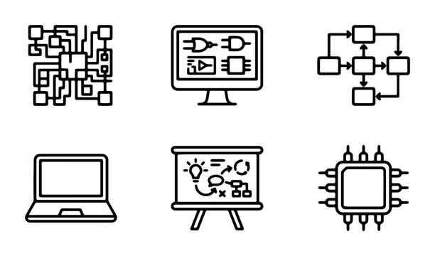 Circuitry, Computer, Algorithm Icons: Technology, Logic, Data Flow Vector Set