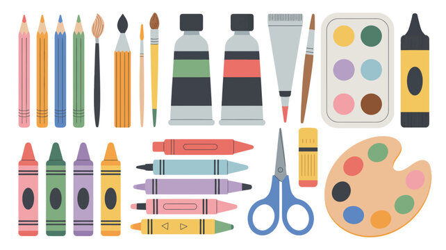 art supplies flat vector pencils crayons paintbrushes palette scissors markers paint tubes illustration design icon graphic drawing crafting education school creative tools