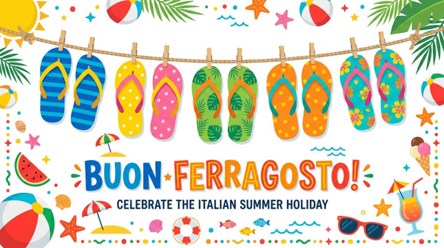 Colorful flip-flops hanging on a clothesline with summer holiday icons and the Italian text "Buon Ferragosto!" conveying a festive mood