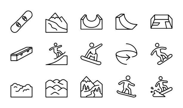 Snowboarding Icons Set: Winter Sports, Mountain Adventure, Extreme Action Graphics