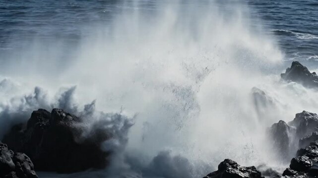 Ocean waves crashing on rocky shoreline.