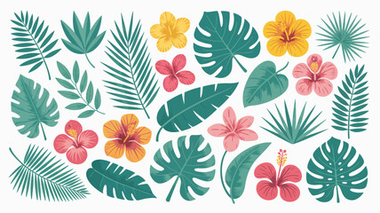 tropical leaves and flowers vector hibiscus monstera palm botanical illustration graphic design pattern nature floral exotic summer vacation travel beach resort © Ultimate