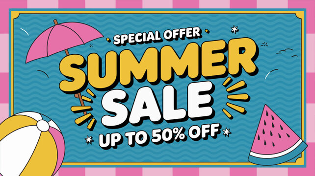 summer sale poster with colorful beach items umbrella ball watermelon vibrant advertisement promotion discount offer seasonal marketing retail shopping fun holiday
