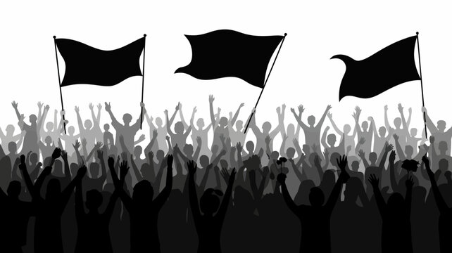 crowd silhouette with flags black and white people event celebration protest gathering monochrome vector illustration background transparent activism unity demonstration assembly