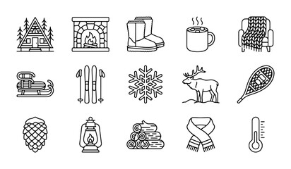 Winter Icons Set: Cozy Cabin, Fireplace, Boots, Hot Drink, Snow, Reindeer, Sled, Skis, Snowflake, Snowshoe, Pinecone, Lantern, Woodpile, Scarf, Thermometer © Tanjina