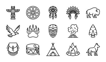 Native American Icons Set: Totem Pole, Dreamcatcher, Teepee, Buffalo, Eagle, Wolf, Symbols © Tanjina