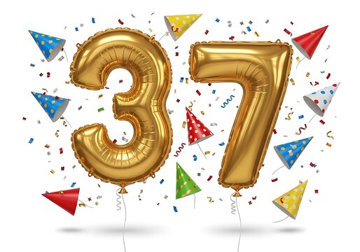 Golden 37th birthday balloons with confetti