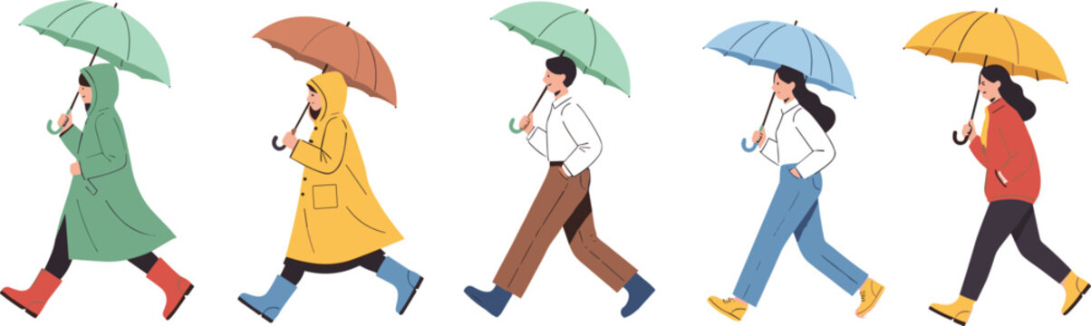 People walking with umbrellas in rainy weather collection isolated vector illustration for seasonal lifestyle and urban activity design