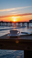 Obraz premium Hot coffee cup steams on wooden table near notebook at ocean pier during sunset. Relaxing morning with inspiring sunrise view and calm waves.