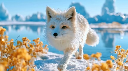 Fototapeta premium Crystal White Fox Walking Through Frozen Meadow with Yellow Flowers Against Frosty Landscape