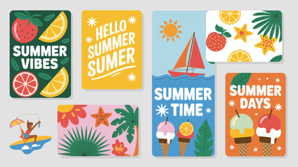 summer themed cards colorful vector illustration seasonal vibes time days sailboat ice cream strawberry orange slice starfish palm leaves beach holiday © Ultimate