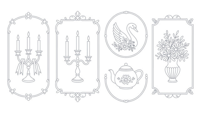 ornamental frames with candelabra swan teapot and flowers line art black white decorative elegant vintage pattern illustration design border floral animal