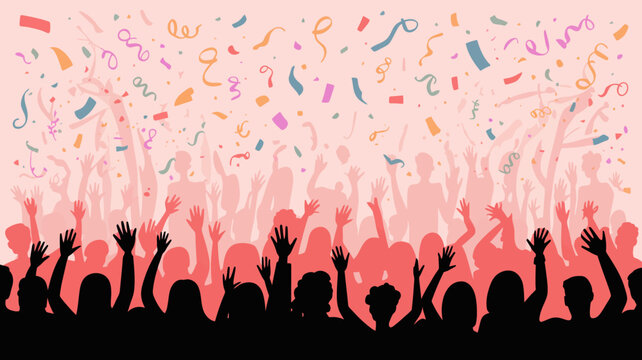 confetti rain over crowd silhouettes vector illustration celebration party event festival people group hands joy fun festive mood background graphic design