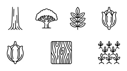 Nature Icons Set: Tree Trunk, Canopy, Leaf Branch, Budding Plant, Wood Grain, Seedling Row © Jui