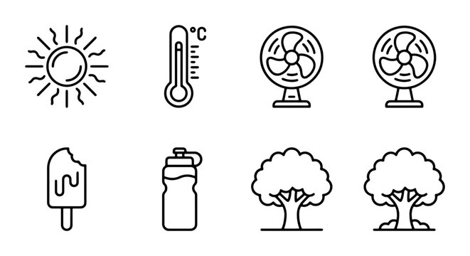 Summer Heat Icons: Sun, Thermometer, Fans, Ice Cream, Water Bottle, Trees