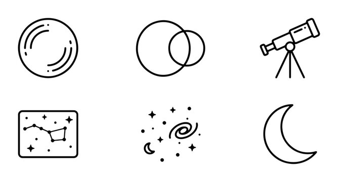 Astronomy Icons Set, Space Exploration Vector Graphics, Celestial Objects Collection