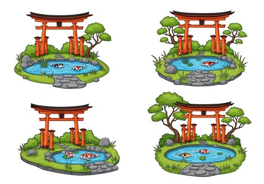 Japanese garden with red torii gate and koi pond