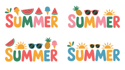 Fototapeta premium summer typography with colorful icons text font seasonal design graphic illustration watermelon ice cream pineapple sunglasses sun vacation beach holiday festive
