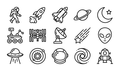 Space Icons Set: Astronaut, Rocket, Planet, Moon, Alien, UFO, Galaxy, Black Hole, Satellite, Rover © Selim