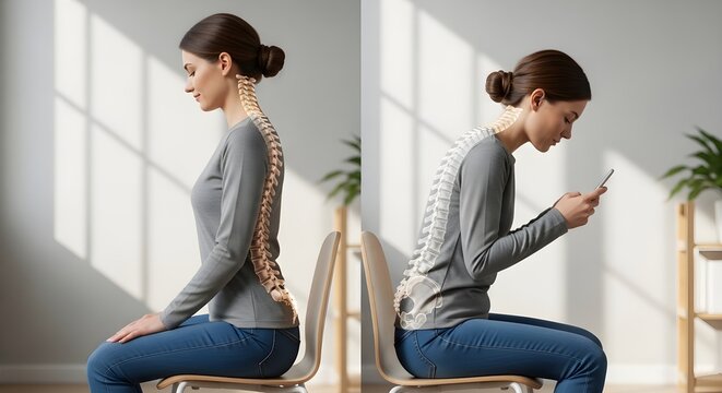 Healthy versus poor neck posture displayed, contrasting proper spinal alignment with a hunchedover mobile phone position. Ideal for healthcare publications.