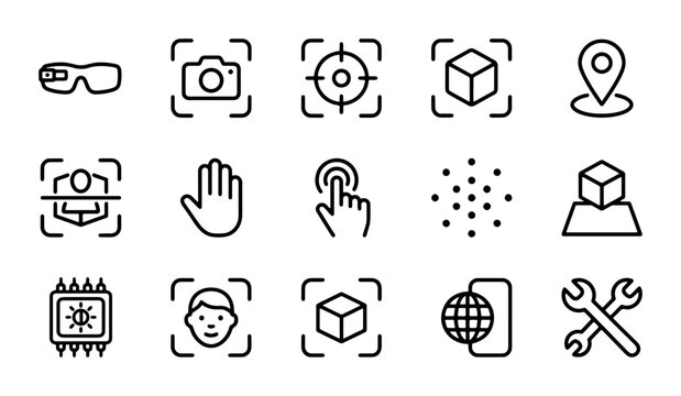 Augmented Reality Icons Set, VR Technology Symbols, Digital Interface Elements, Futuristic Gadgets
