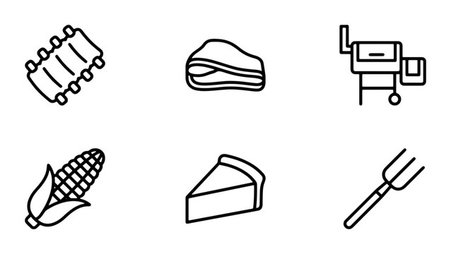 Barbecue Food Icons Set, BBQ Grill, Ribs, Corn, Pie, Sandwich, Utensil Vector Graphics